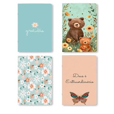 Imagem de Kit 4 Cadernos, caderneta, A5, 80 Páginas brancas Sem Pauta, 90g, Conjunto com 4 Designs, Grampeados, estilo Midori