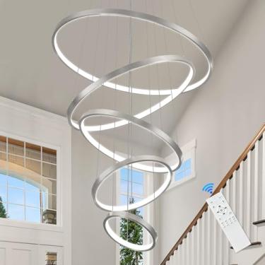 Imagem de AIRYPHANT Lustre De Níquel Com 5 Anéis E Ponta De Escova, Lustre Moderno De Led, Lustre Regulável Para Hall De Entrada, Para Teto Alto, Lustre Contemporâneo Regulável De Níquel Para Sala De Estar,