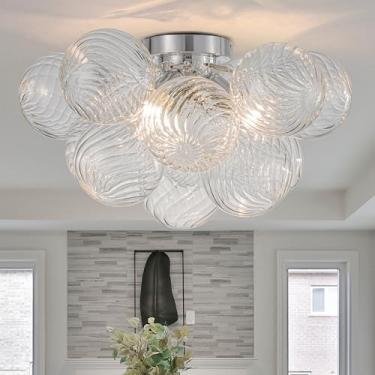 Imagem de GoYeel Lustre Moderno Rente Ao Teto, Lustre Globo Com 3 Luzes, Luminárias Pendentes Contemporâneas, Ilha De Cozinha, Teto, Lustre De Vidro De Meados Do Século, 17,72 Pol., 13 Globos Transparentes Em