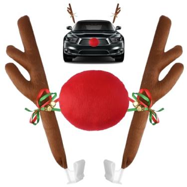 Imagem de Lflwacy Decorações de Natal com chifres de rena de carro, decoração de Natal para veículos, kit de rena de decoração automotiva com sinos, rena Rudolph e nariz vermelho para acessórios de carro, chifres de Natal