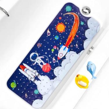 Imagem de Tapete de banho infantil antiderrapante para banheira extra longo 102 x 40 cm, tapete de chuveiro antiderrapante com ventosas e orifícios de drenagem, lavável na máquina (espaço)