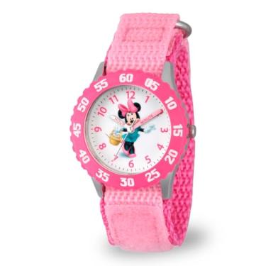 Imagem de Disney Relógio infantil de aço inoxidável W00024 Minnie Mouse Time Teacher com pulseira de nylon rosa, Branco, Relógios Infantis