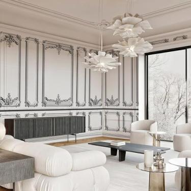 Imagem de Mural de papel de parede francês grande 3D Peel and Stick 375.9 cm L x 248.9 cm H clássico preto e branco parede interior com molduras mural vintage papel de parede arquitetônico para quarto TV fundo