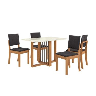 Imagem de Conjunto de Mesa de Jantar Retangular com Tampo de Vidro Off White Antonela e 4 Cadeiras Lunas Bouclé Titânio e Canela