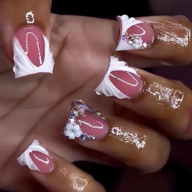 Imagem de RUOKEXIN Unhas Postiças Médias De Pressão, Ponta Francesa Branca, Falsas, Com Desenhos Strass, Cola Rosa Cobertura Total, Brilhantes, Artificiais, Fofas, Para Mulheres, 24 Peças