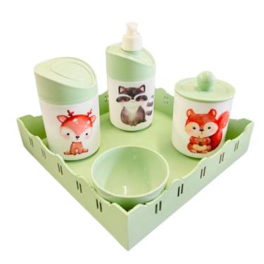 Imagem de Kit Higiene Bebê Floresta Encantada c/bandeja MDF - Menino e Menina (Quadrada Verde/Verde)