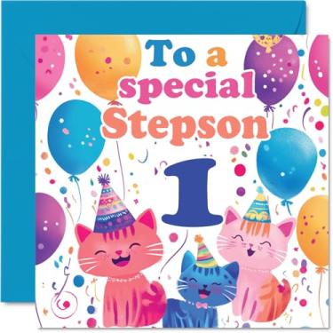 Imagem de Cartão de aniversário 1st Step Son - Cute Cats Special Step Son - Happy 1st Birthday Card from Mom Dad, 145 mm Age 1 cartão de felicitações