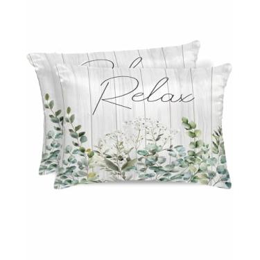Imagem de Conjunto de 2 fronhas padrão de plantas, folhas de eucalipto e cetim de grão de madeira com fecho de zíper oculto suave, capas macias para sofá e decoração de casa 50 x 66 cm