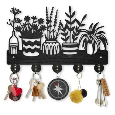 Imagem de MAYJOYDIY Ganchos para vasos de plantas, porta-chaves de madeira, suporte de parede, arte de parede, 11,7 × 7,23 cm, 5 ganchos de liga preta, organizador para chaveiros para presente, entrada,