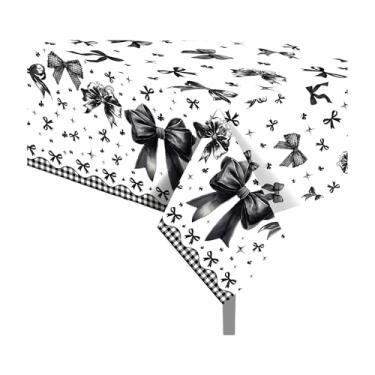 Imagem de CC HOME 1 toalha de mesa preta de plástico para festa com laço 137 x 213 cm, capa de mesa de festa com laço borboleta para tema escuro, chá de bebê, aniversário, jantar, piquenique, evento de cozinha