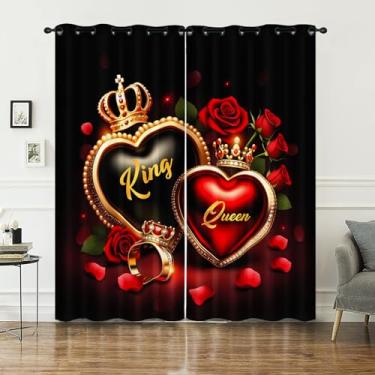 Imagem de AILONEN Cortina de janela com corações românticos de rosa vermelha, decoração de casal com coroa de rei e rainha (2 painéis) para quarto 132 cm L x 213 cm A