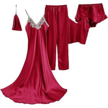 Imagem de 5 Peças Mulheres Camisolas De Verão De Cetim Sexy Robe Roupão Para Mulheres Pijamas Conjunto, Black, L