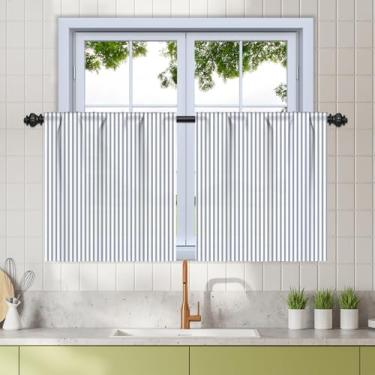 Imagem de Renaiss 66 x 91 cm Farmhous – Cortinas de linho listradas para cozinha sobre a pia rústica café de camada curta cortinas pequenas para casa de banho lavanderia meia janela cortinas de filtragem de luz