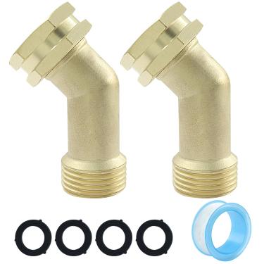Imagem de HARSKIYER Conector de cotovelo de mangueira de jardim, encaixes de tubulação de latão de 45 graus, cotovelo de mangueira de água rosqueado GHT de 3/4 polegadas com 4 anéis de vedação (pacote com 2)