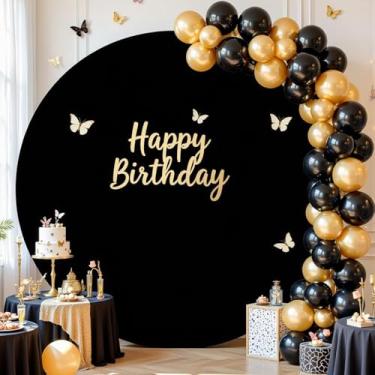 Imagem de Capa de fundo redonda preta de 2,5 m com arco de círculo preto, capa de fundo para chá de bebê, festa de aniversário, balão, foto de casamento, círculo redondo, tecido elastano