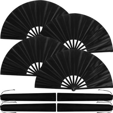 Imagem de Blulu 4 peças grandes de leques dobráveis para dança em linha, grandes de seda, palmas à mão, para botas de dança no chão, decoração de festa (estilo clássico, preto, 28 cm)