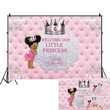 Imagem de DaShan 17,78 cm x 12,7 cm poliéster Bem-vindo Nossa Pequena Princesa cenário para Black Skin Girl Decorações de chá de bebê Coroa de prata Fundo para Black Baby Girls Princess Bandeira de chá de bebê Foto Estúdio