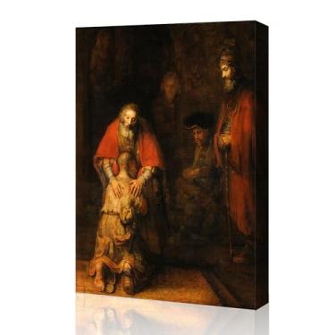 Imagem de Arte em tela do filho pródigo barroco - Cena bíblica com iluminação claro-escuro, manto vermelho e tons de terra para decoração religiosa de casa ou igreja 41 x 61 cm