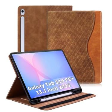 Imagem de Varohix Capa para Samsung Galaxy Tab S10 Fe Plus 33.3 cm 2025, capa protetora de couro PU, suporte de visualização em vários ângulos com bolso frontal, alça de mão para Galaxy S10 FE+ marrom