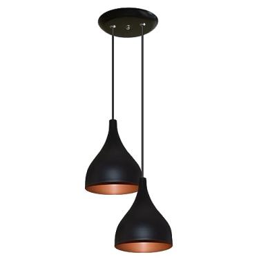 Imagem de Lustre Luminária Pendente Modelo Funil Duplo - Ideal para sala, quarto, cozinha, banheiro (Preto com Cobre)