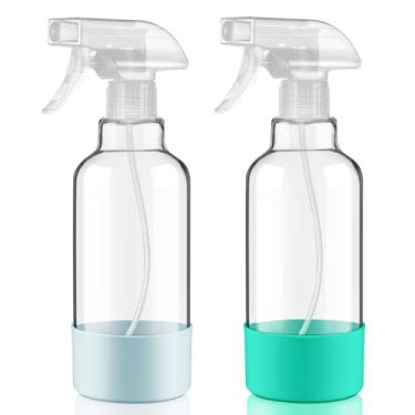 Imagem de Hethyo Frascos de spray de vidro com manga de silicone de 500 ml, pacote com 2 frascos de spray vazios para névoa de cabelo/spray de fluxo para soluções de limpeza, plantas, óleos essenciais (azul