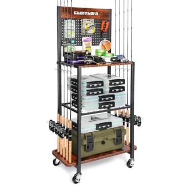 Imagem de Ghosthorn Suportes de vara de pesca para garagem, suporte de vara de pesca, comporta até 10 varas, armazenamento de vara de pesca com ganchos de pegboard, suporte de vara de pesca sobre rodas