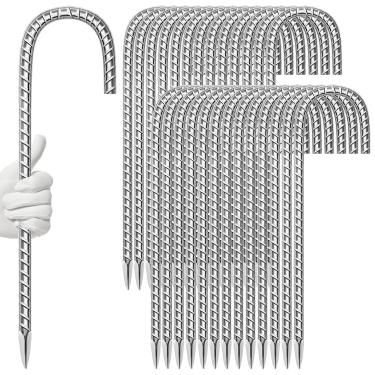 Imagem de Pacote com 27 estacas de vergalhão de jardim de 40,6 cm, aço galvanizado antiferrugem, gancho em forma de J, âncoras de solo resistentes para tendas, kits de posição, cercas e tecido paisagístico de