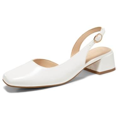 Imagem de Coutgo Sapato social feminino de salto baixo e grosso D'Orsay com bico quadrado fechado para trabalho e escritório, Branco, 40
