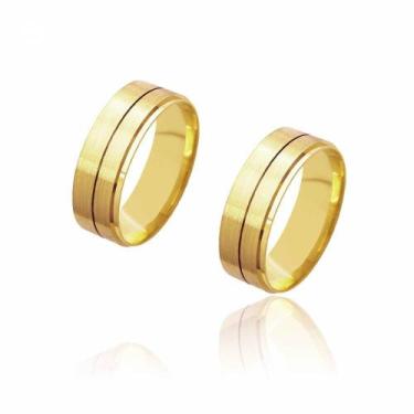 Imagem de Par de Alianças de Casamento Diana Ouro Diamantada Reta Friso Central 