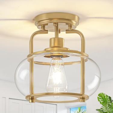 Imagem de TOULMJ Luminária de teto semi-embutida, luminária de teto dourada com sombra de vidro transparente, luminária de corredor Morden para sala de jantar, hall de entrada, quarto, lavanderia