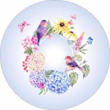 Imagem de Painel de Tecido Sublimado Redondo Flores e Pássaros Aquarela c/ Elást