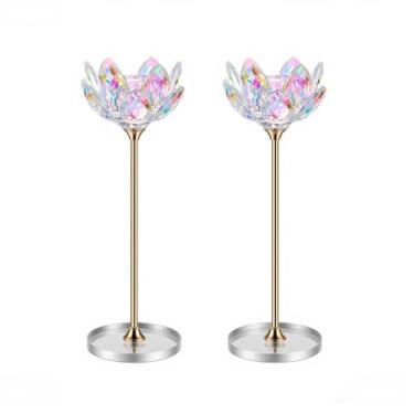 Imagem de Conjunto de 2 castiçais de cristal, castiçais de flor de lótus com base espelhada, suporte de metal, centros de mesa elegantes para decoração de casa, casamento, festa (vela cônica)