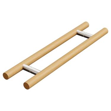 Imagem de HMXBTO Maçaneta de porta de celeiro de madeira de faia maciça 24 polegadas/60 cm em forma de H, puxador dupla face para portas de vidro temperado e sauna, acabamento de madeira natural com ferragens