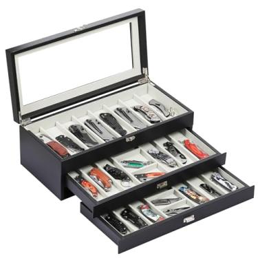 Imagem de AUTOARK Organizador de facas de couro PU e veludo de 3 camadas com 26 compartimentos, parte superior e gaveta de vidro transparente, armazenamento compacto para canivetes, ideal para coleções e