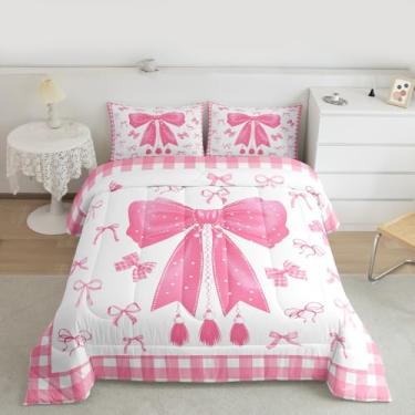 Imagem de jejeloiu Conjunto de edredom kawaii, tamanho casal, fofo, com laço, para crianças, meninos, meninas, rosa, decoração de quarto, 3 peças com 2 fronhas