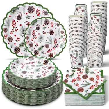 Imagem de Domensi 250 peças de artigos de festa de Natal, folhas de azevinho, pratos de papel e guardanapos, copos descartáveis, guardanapos, conjunto de utensílios de mesa para 50 convidados para decoração de
