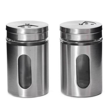 Imagem de Kit 2 porta temperos condimentos aço inox com visor de vidro