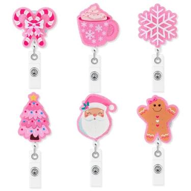 Imagem de Salovio Carretel de crachá rosa de Natal - 6P retrátil com glitter acrílico fofo papai noel, flocos de neve, árvore de floco de neve, suporte de crachá de Natal, inverno, clipe para enfermeira, médico
