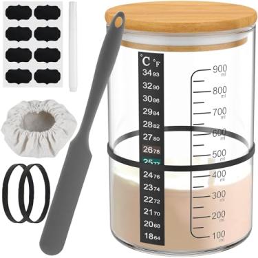 Imagem de HJJWNDDNG Kit de 9 peças para iniciantes de massa fermentada de 900 ml, grande capacidade, recipiente para iniciantes com tampa, espátula, fita de marcação e papel de temperatura, reutilizável, frasco