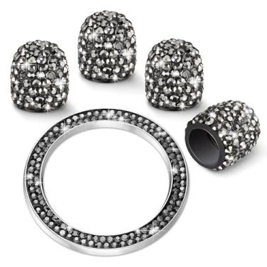 Imagem de WINKA 4 peças de tampas de haste de válvula de pneu de carro com strass com 1 peça capa de botão de motor de carro brilhante anel de ignição inversa para carro chaveiro anel diamante tampas de pneu de