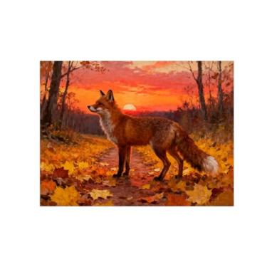 Imagem de Quadro parede outono-Raposa sol floresta Impressões em tela paisagens-Pintura animais para sala estar decoração fazenda 60x80cm Sem Moldura