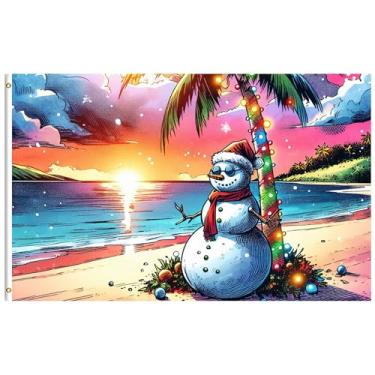 Imagem de ShineSnow Boneco de neve engraçado de inverno tropical com óculos de sol, nascer do sol, palmeira de praia, bandeira de 9,5 x 1,5 m, bandeira de poliéster com costura dupla com ilhós de latão