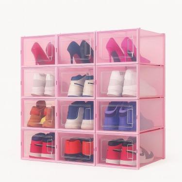 Imagem de Kit Conjunto 6 Caixas Transparentes Modular Armazenamento Calçados Armário Organiza Closet Quarto Adulto Infantil Rosa