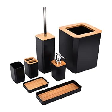 Imagem de aqxreight Acessórios para o Banheiro de Bambu Conjunto de 7pcs Kit Escova Dentes Caixa para Hotelgrey Em Casa (Preto)