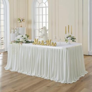 Imagem de Saia de mesa de poliéster marfim de 335 cm para mesas retangulares de 1,8 m (capa frontal e ambos os lados), saias de mesa de pano creme com babados sem rugas, 3,4 m, para festa de casamento, chá de