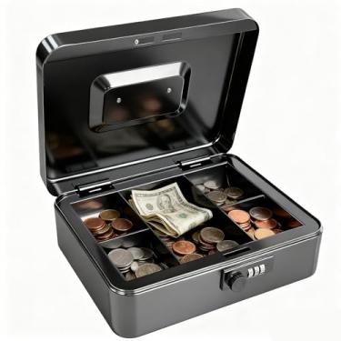 Imagem de SUGOOE Caixa de poupança de dinheiro SAFEBlack com trava de combinação de 3 dígitos e bandeja de dinheiro, cofre portátil com alça de transporte, 24 x 19 x 6 cm, para documentos, carro, casa e