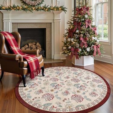 Imagem de jinchan Tapete redondo floral de 1,5 m para entrada lavável tapete de cozinha vintage design romance antiderrapante tapete interno leve de perfil baixo para sala de estar, sala de jantar, quarto