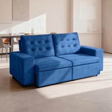Imagem de Sofá Retrátil e Reclinável Molas 206cm Veludo Marrocos Azul