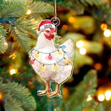 Imagem de Enfeite de Natal de galinha 2025, animal de fazenda 9,5 cm (plano 2D) Enfeite de acrílico de dupla face, presente para amantes de frango, agricultores, mulheres, amigos, família, decorações de árvore