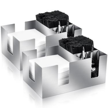 Imagem de Mifoci Suporte de barra de aço inoxidável 304 com 6 compartimentos, suporte de guardanapo de barra de metal prata organizador canudos de coquetel e palitos de dente condimentos para bancada de cozinha